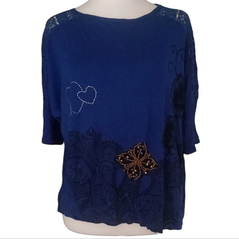 Desigual Stretch Royal Blue Jersey Knit Beaded Lace Detail Blouse Top Size Large
